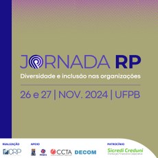 Logomarca do evento, com palavra 'Jornada RP' em destaque, centralizado, na cor azul; o tema "diversidade e inclusão nas organizações" em cor branca; abaixo, as datas 26 e 27 de novembro e o local UFPB, na cor azul. Tudo sobre fundo verde oliva.